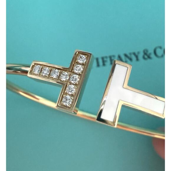 Auth Tiffany & Co. 18k Gold Diamond & Mother Pearl T Square Wire Cuff Bracelet - Picture 1 of 8